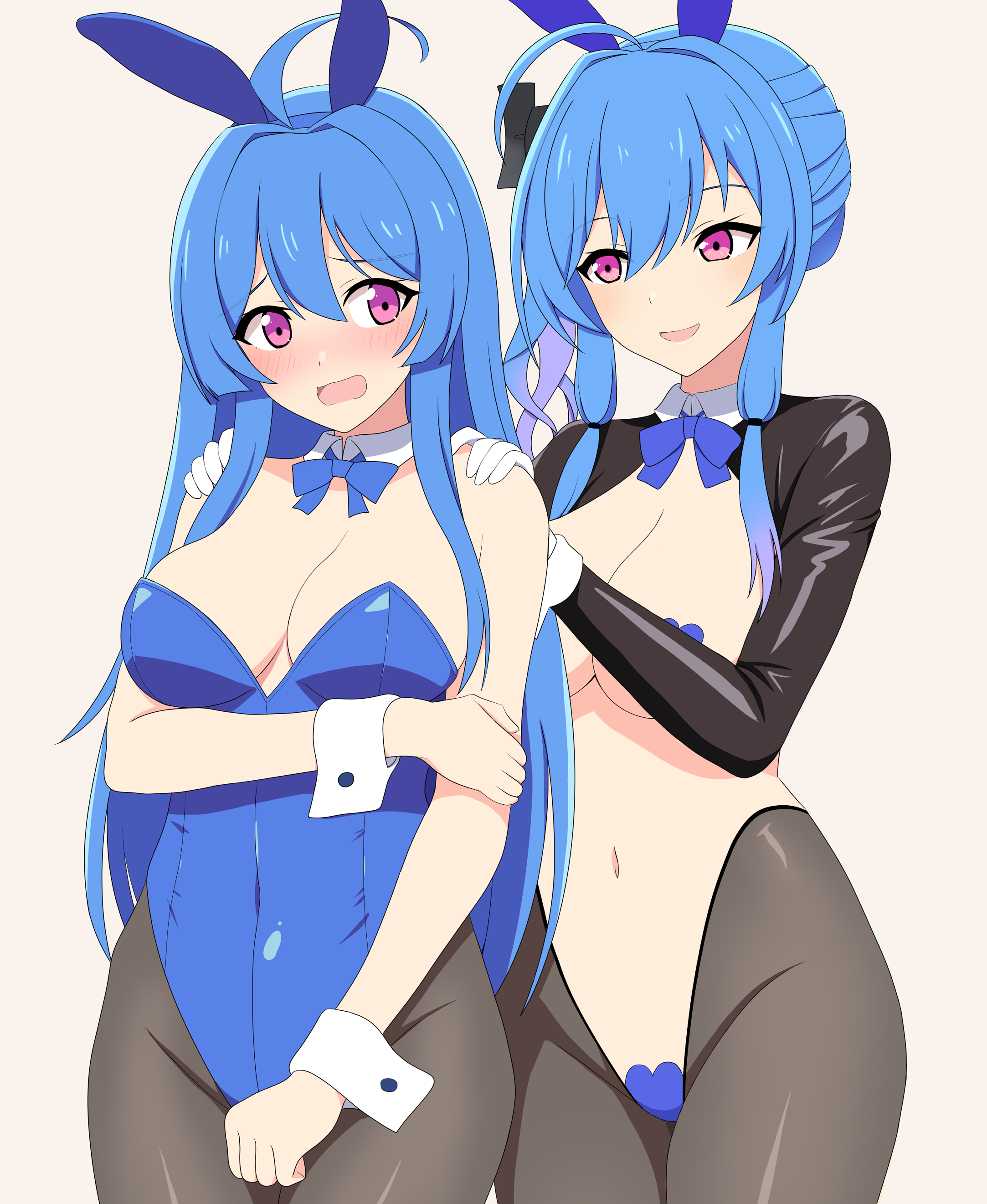 2girls absurdres ahoge animal_ears azur_lane bare_shoulders blue_hair blue_leotard blush bow bowtie breasts cleavage clothing_cutout commentary_request covered_navel detached_collar elbow_gloves fake_animal_ears frontless_outfit gloves heart_maebari heart_pasties helena_(azur_lane) highleg highleg_leotard highres large_breasts latex leotard long_hair maebari medium_breasts meme_attire multiple_girls navel pantyhose pasties playboy_bunny purple_eyes rabbit_ears red_leotard revealing_clothes reverse_bunnysuit reverse_outfit shrug_(clothing) side_cutout side_ponytail smile st._louis_(azur_lane) strapless strapless_leotard sumiboshi_(zatsuha) thighs traditional_bowtie very_long_hair white_wrist_cuffs wrist_cuffs