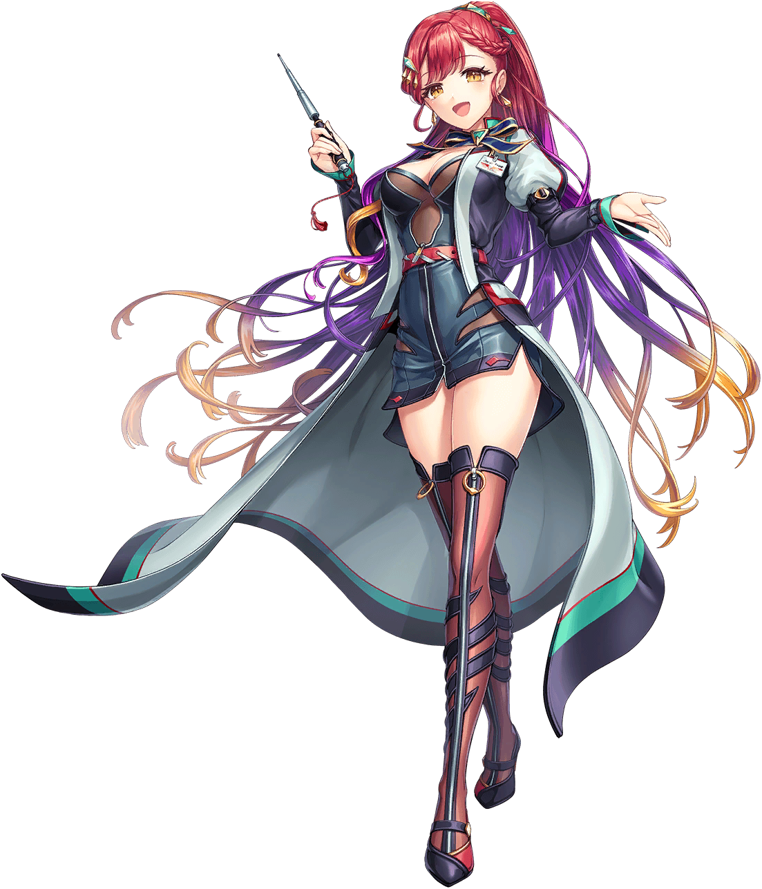 1girl artist_request belt blonde_hair braid breasts cleavage earrings full_body game_cg hair_ornament highres holding id_card jewelry long_sleeves multicolored_hair official_art open_mouth purple_hair red_hair satil_(unitia) solo source_request thighs third-party_source transparent_background unitia yellow_eyes