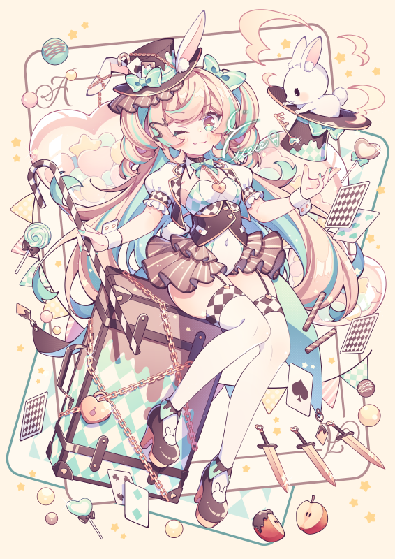 1girl ace_(playing_card) ace_of_spades apple balloon black_footwear border bow brown_headwear candy candy_cane card chain commentary dagger five_of_hearts food four_of_clubs fruit garter_belt green_bow green_eyes green_hair hand_up hat heart-shaped_lock high_heels holding holding_candy holding_candy_cane holding_food hyou_(pixiv3677917) knife lock lollipop multicolored_eyes multicolored_hair one_eye_closed one_side_up original oversized_object pink_eyes pink_hair playing_card puffy_short_sleeves puffy_sleeves rabbit short_sleeves simple_background sitting spade_(shape) string_of_flags suitcase symbol-only_commentary thighhighs top_hat two_of_diamonds weapon white_thighhighs white_wrist_cuffs wrist_cuffs yellow_background