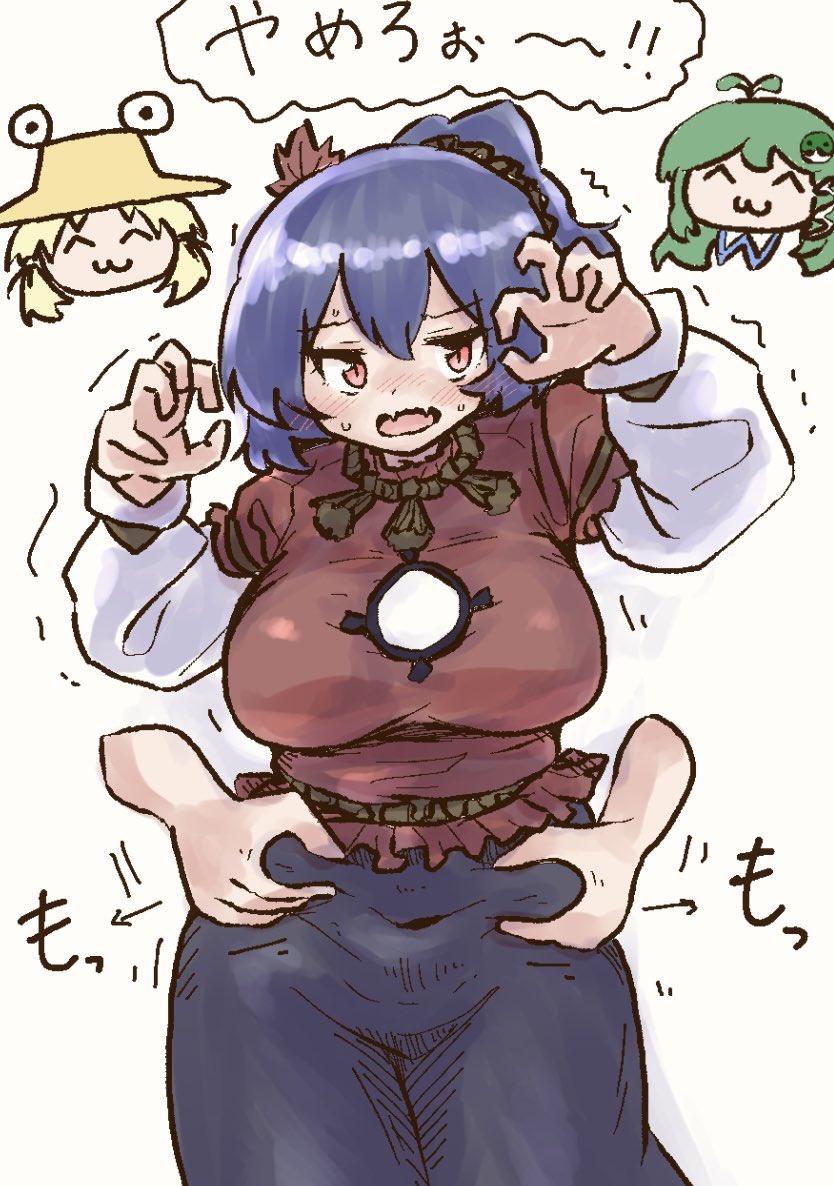 1girl arms_up black_skirt breasts covered_navel grabbing_another&#039;s_stomach hair_ornament kochiya_sanae large_breasts leaf leaf_hair_ornament long_skirt long_sleeves maple_leaf maple_leaf_hair_ornament moriya_suwako mountain_of_faith navel plump purple_hair rope shimenawa short_hair skirt syu314plus touhou translation_request weight_conscious yasaka_kanako