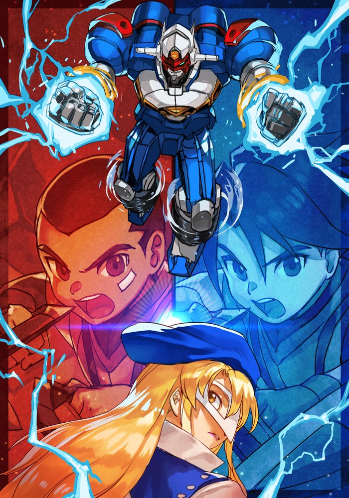 1girl 2boys blonde_hair blue_headwear clenched_hands dendou gear_senshi_dendou glowing glowing_eye hat high_collar hungry_clicker izumo_ginga jacket kusanagi_hokuto long_hair mask mecha multiple_boys open_mouth robot simple_background sparks super_robot teeth upper_teeth_only v-shaped_eyebrows vega_(dendoh) yellow_eyes
