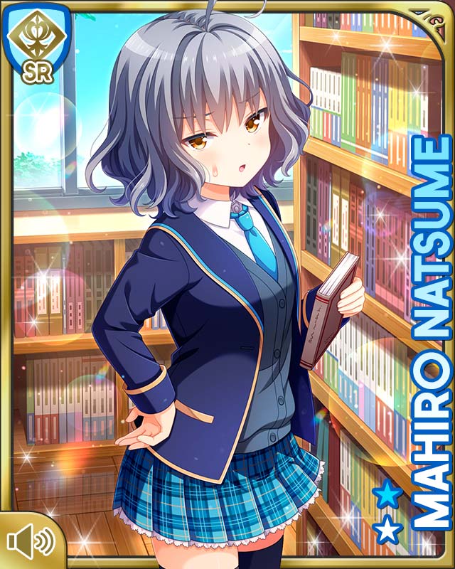 1girl :o ahoge black_thighhighs blue_shirt book bookcase brown_eyes card_(medium) cardigan day frilled_skirt frills girlfriend_(kari) holding holding_book indoors library natsume_mahiro official_art open_mouth orange_eyes plaid_clothes plaid_skirt pleated_skirt qp:flapper school_uniform shirt short_hair silver_hair skirt solo standing tagme thighhighs wavy_hair