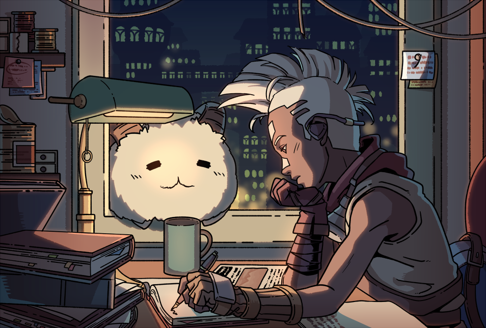 1boy book book_stack chair cup dark-skinned_male dark_skin duplicate ekko_(league_of_legends) facepaint indoors lamp league_of_legends lofi_girl lofi_girl_(youtube) mohawk mug night open_can pen pixel-perfect_duplicate poro_(league_of_legends) sitting sleeveless sticky_note wenny02 white_hair window writing