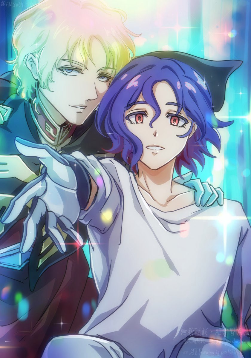 2boys blonde_hair blue_eyes blue_hair char_aznable epaulettes gloves glowing gundam gundam_gquuuuuux highres long_sleeves looking_at_viewer military military_uniform mobile_suit_gundam multicolored_hair multiple_boys open_mouth purple_hair red_eyes shirt short_hair shuji_ito smile tsubaki_pbwfa two-tone_hair zeon