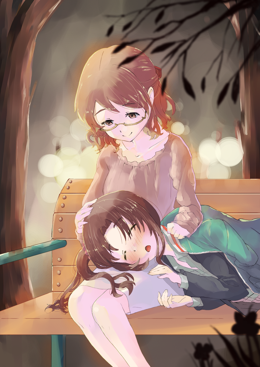 10s 2girls blush brown_hair closed_eyes glasses highres jacket karasuma_sakura kin-iro_mosaic kuzehashi_akari lap_pillow multiple_girls natsume_kintoki headpat semi-rimless_eyewear short_hair side_ponytail track_jacket