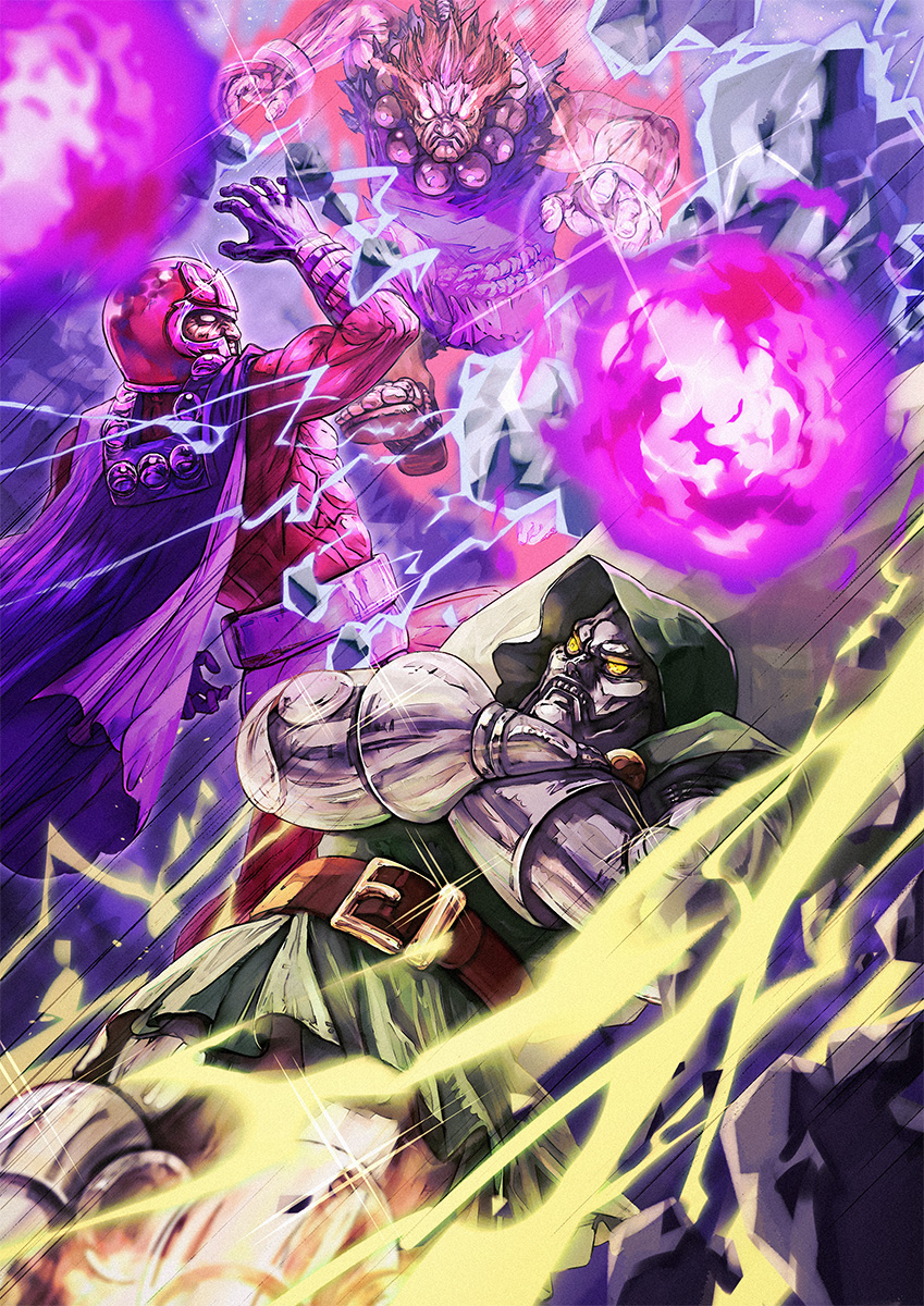 3boys akuma_(street_fighter) angry armor belt capcom cape crossed_arms doctor_doom highres hood hood_up magneto marvel marvel_vs._capcom marvel_vs._capcom_2 mask multiple_boys red_hair street_fighter x-men yellow_eyes