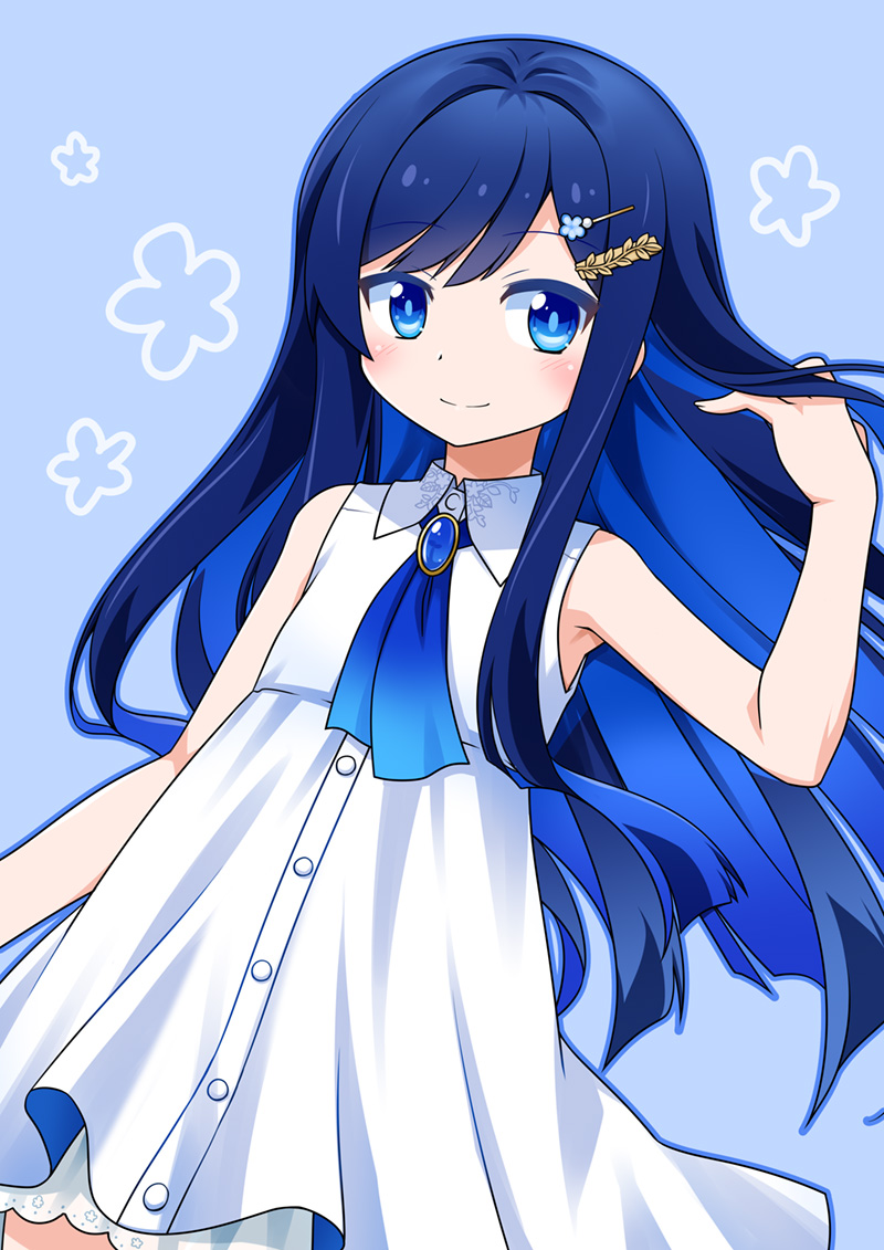 1girl akou_roushi blue_background blue_eyes blue_hair brooch cevio closed_mouth collared_shirt dress futaba_minato hair_intakes hair_ornament hairclip hand_in_own_hair hand_up jewelry long_hair shirt sleeveless sleeveless_dress smile solo very_long_hair