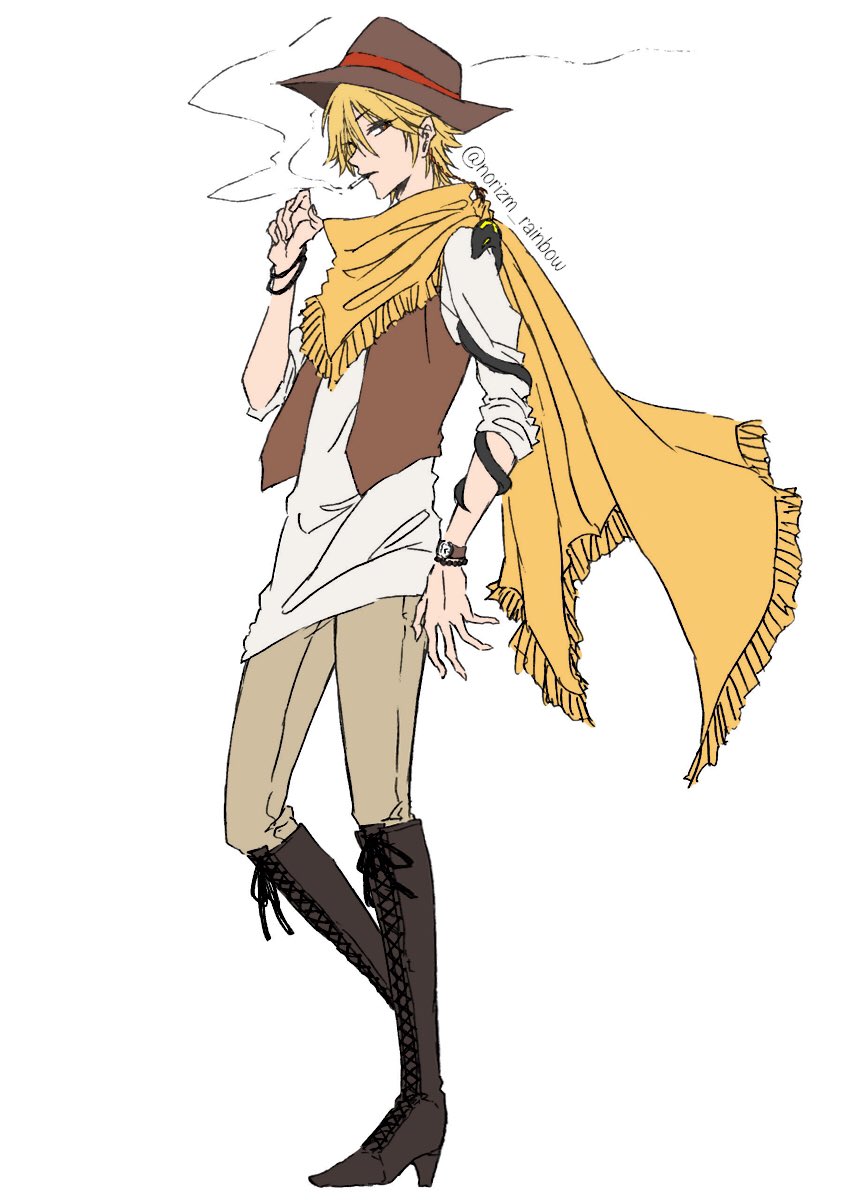 1boy alicein_mikuni blonde_hair bracelet braid cigarette doubt_doubt doubt_doubt_(snake_form) full_body hat highres holding holding_cigarette jewelry long_scarf male_focus orange_eyes scarf servamp short_hair side_braid smoking watch white_background
