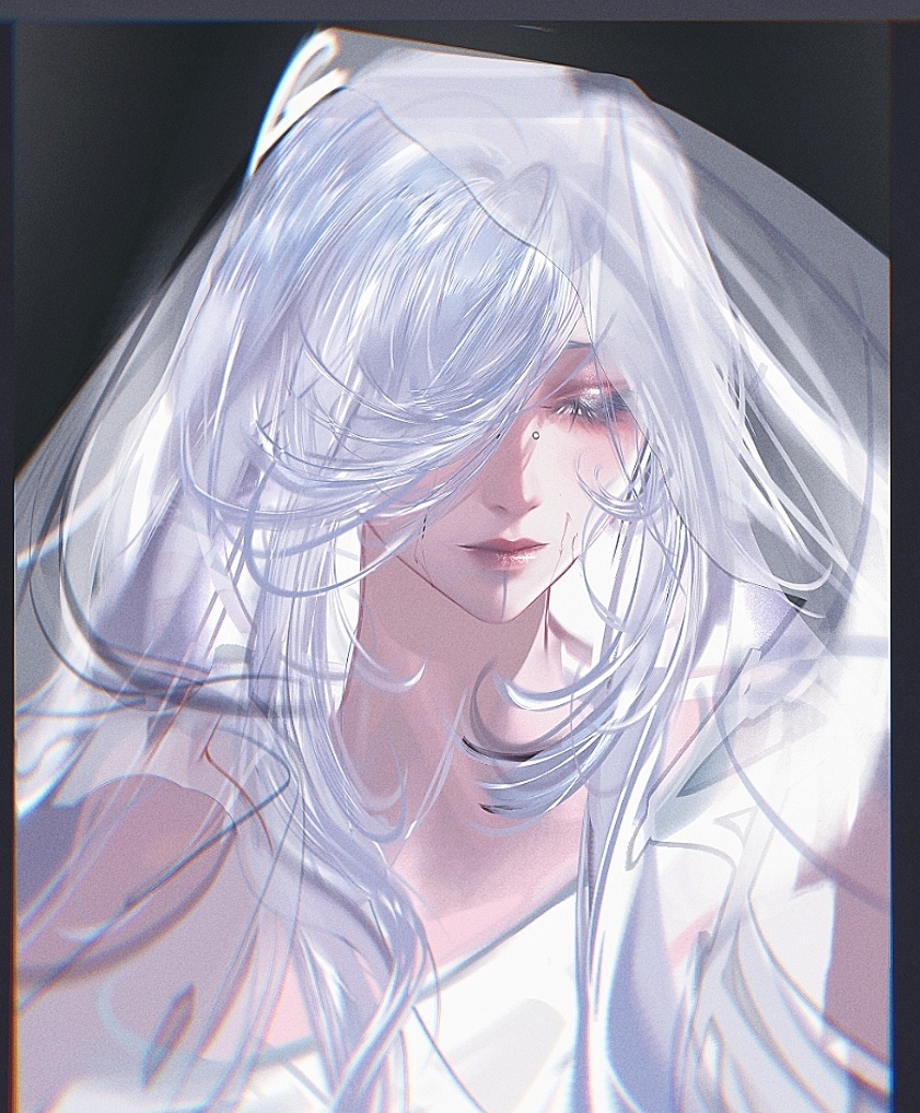 1girl alternate_costume black_background bridge_piercing chinese_commentary closed_eyes colored_eyelashes commentary glitter_makeup hair_over_one_eye lipgloss long_hair nox_(path_to_nowhere) path_to_nowhere piercing pillarboxed portrait qingci see-through_clothes see-through_veil simple_background solo veil white_eyelashes white_hair