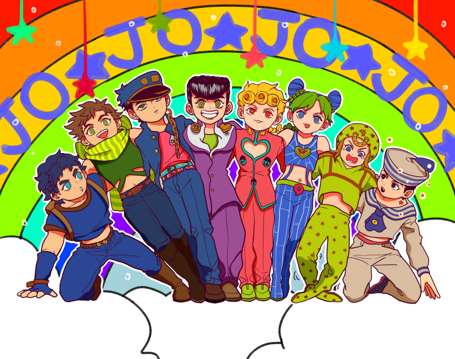 1girl 6+boys :o aqua_eyes backpack bad_id bad_pixiv_id bag birthmark black_hair blonde_hair blue_hair boots braid brown_footwear brown_hair chain dixie_cup_hat double_bun fingerless_gloves gakuran giorno_giovanna gloves green_eyes green_hair grin hair_bun halterneck hat heart higashikata_josuke higashikata_josuke_(jojolion) joestar_birthmark johnny_joestar jojo_no_kimyou_na_bouken jojolion jonathan_joestar joseph_joestar joseph_joestar_(young) kilva_lollop kneeling kuujou_jolyne kuujou_joutarou midriff military_hat multicolored_hair multiple_boys navel navel_piercing open_mouth peace_symbol piercing pin red_eyes sailor scarf school_uniform single_braid smile star_(symbol) star_print steel_ball_run striped_clothes striped_scarf tears triangle_mouth two-tone_hair vento_aureo wavy_mouth