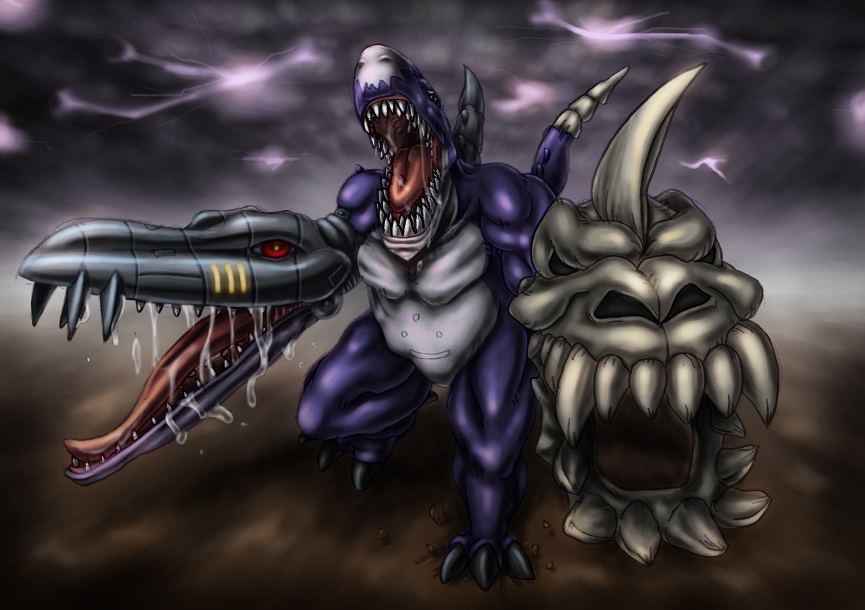 deltamon digimon digimon_(creature) horns muscular sharp_teeth skull solo tail teeth