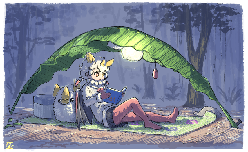 1girl animal_ears bat_(animal) bat_ears bat_girl bat_wings black_skirt book bow bowtie extra_ears fur_collar fur_trim gloves honduran_white_bat_(kemono_friends) imnim_leef kemono_friends leaf light long_sleeves night no_shoes pantyhose pleated_skirt reading red_bow red_bowtie red_eyes red_gloves red_pantyhose sailor_collar skirt solo sweater white_fur white_sweater wings