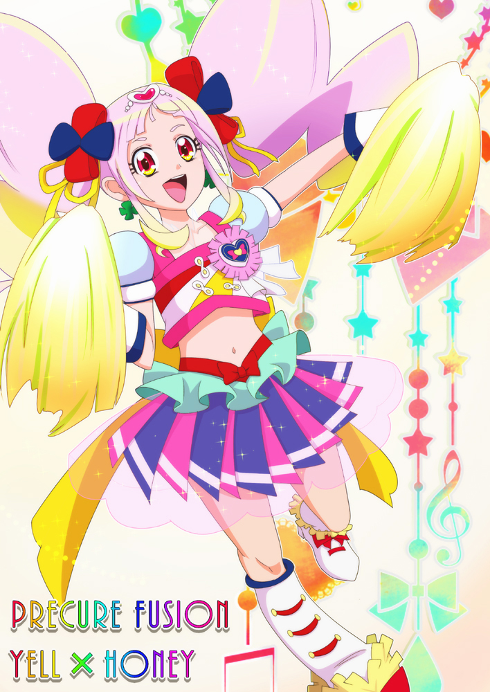 1girl blonde_hair cheerleader cure_honey cure_honey_(popcorn_cheer) cure_yell fusion gradient_hair happinesscharge_precure! hugtto!_precure multicolored_hair navel open_mouth orange_eyes pink_hair precure pururun_z twintails
