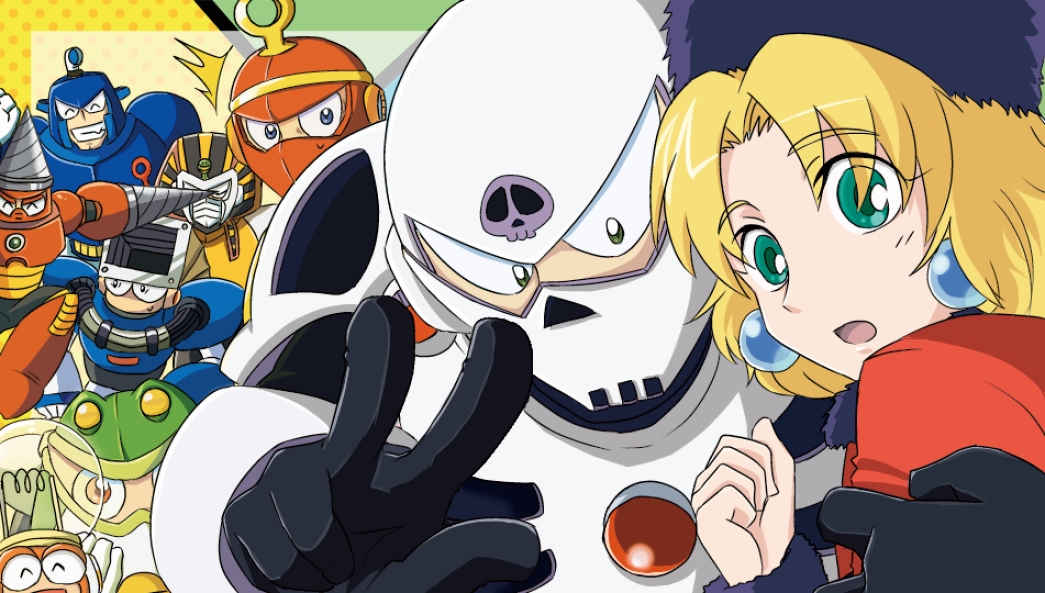 1girl blonde_hair blue_eyes bright_man capcom coat dive_man drill_hand drill_man dust_man green_eyes grin hat helmet holding jumping kalinka_cossack_(mega_man) light_bulb looking_at_viewer mega_man_(classic) mega_man_(series) mega_man_4 nervous pharaoh_man ring_man robot robot_ears skull_man smile toad_man v