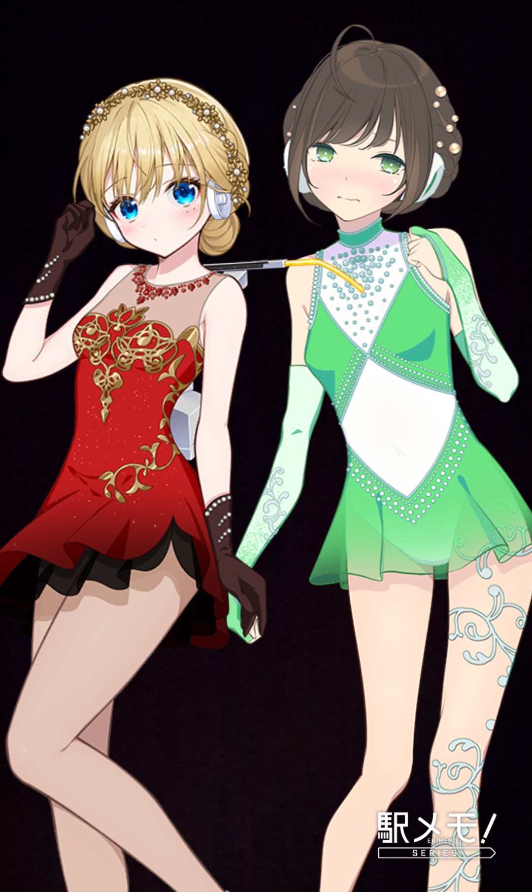 2girls blonde_hair brown_hair dress figure_skating figure_skating_dress highres leotard multiple_girls niizuru_mafuyu red_dress station_memories toukai_nana white_leotard