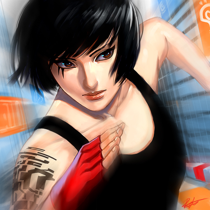 1girl black_shirt blouse facial_tattoo faith_(mirror&#039;s_edge) faith_connors female_focus mirror&#039;s_edge mirror&#039;s_edge_(series) outdoors shirt sleeveless sleeveless_shirt solo tagme tattoo