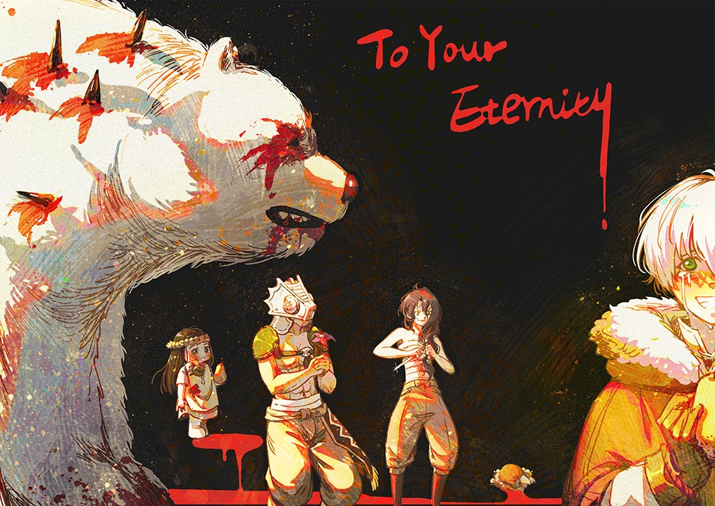 2boys 2girls abs age_progression animal armor bear black_background black_hair blood blood_on_clothes blood_on_face boots capelet chest_sarashi cloak copyright_name crying flower flower_wreath food fruit fumetsu_no_anata_e fur_trim fushi gloves green_eyes grin gugu_(fumetsu_no_anata_e) head_wreath helmet holding holding_flower holding_food holding_fruit holding_knife holding_weapon hood hood_down hooded_cloak injury knife long_hair long_sleeves looking_at_viewer march_(fumetsu_no_anata_e) multiple_boys multiple_girls no_shirt oniguma_(fumetsu_no_anata_e) out_of_frame pants parona pauldrons ponytail robe rope sarashi shoulder_armor simple_background smile topless_male weapon white_hair xualwqy