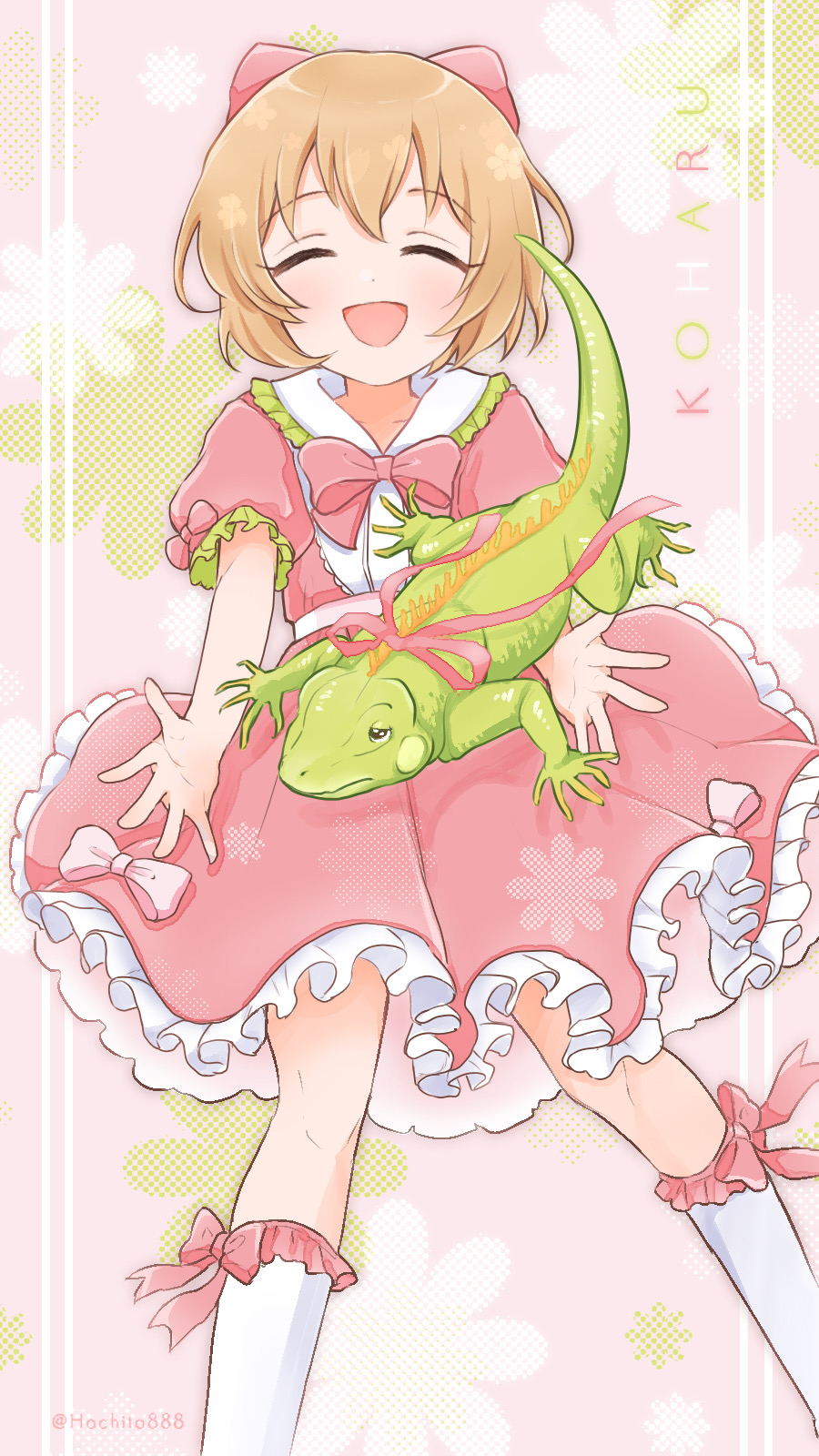 1girl blush bow bowtie brown_hair character_name closed_eyes collarbone cowboy_shot dot_nose dress flat_chest floral_background frilled_dress frills hair_bow hair_ribbon highres hyou-kun idolmaster idolmaster_cinderella_girls idolmaster_cinderella_girls_starlight_stage iguana koga_koharu mitsuyahachiko open_mouth pink_background pink_bow pink_bowtie pink_dress pink_ribbon polka_dot polka_dot_background ribbon short_hair short_sleeves smile socks solo standing twitter_username white_socks
