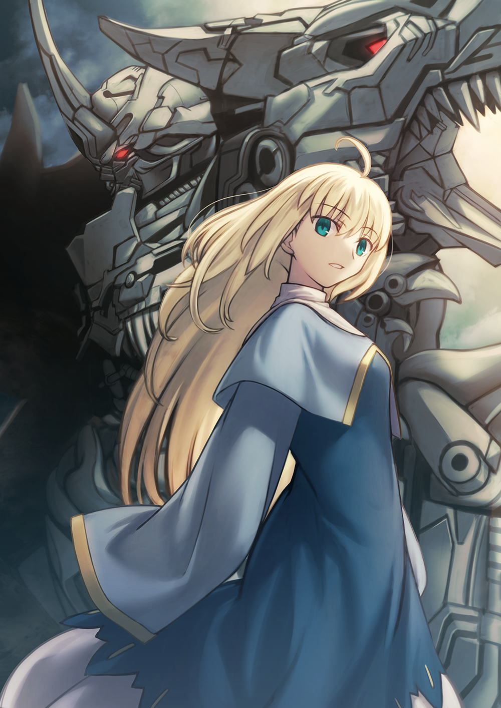 1boy 1girl ahoge artoria_pendragon_(fate) autobot blonde_hair blue_dress commission crossover dinosaur dress fate/grand_order fate_(series) green_eyes grimlock highres long_hair machinery mecha pixiv_commission red_eyes robot shoori_(migiha) transformers transformers_(live_action) tyrannosaurus_rex