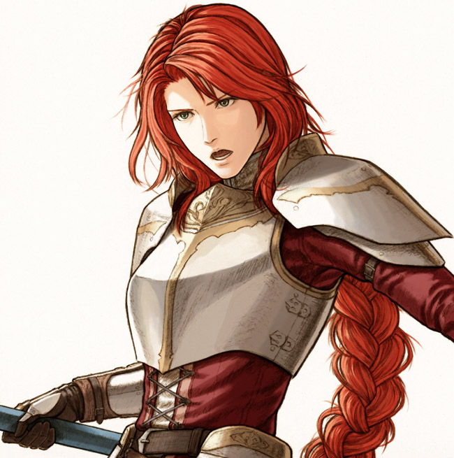 1girl armor braid brown_eyes cross-laced_clothes female_focus fire_emblem fire_emblem:_path_of_radiance fuji_(d38635s10) gauntlets holding holding_weapon long_hair nintendo open_mouth red_hair shoulder_armor single_braid solo titania_(fire_emblem) upper_body very_long_hair weapon