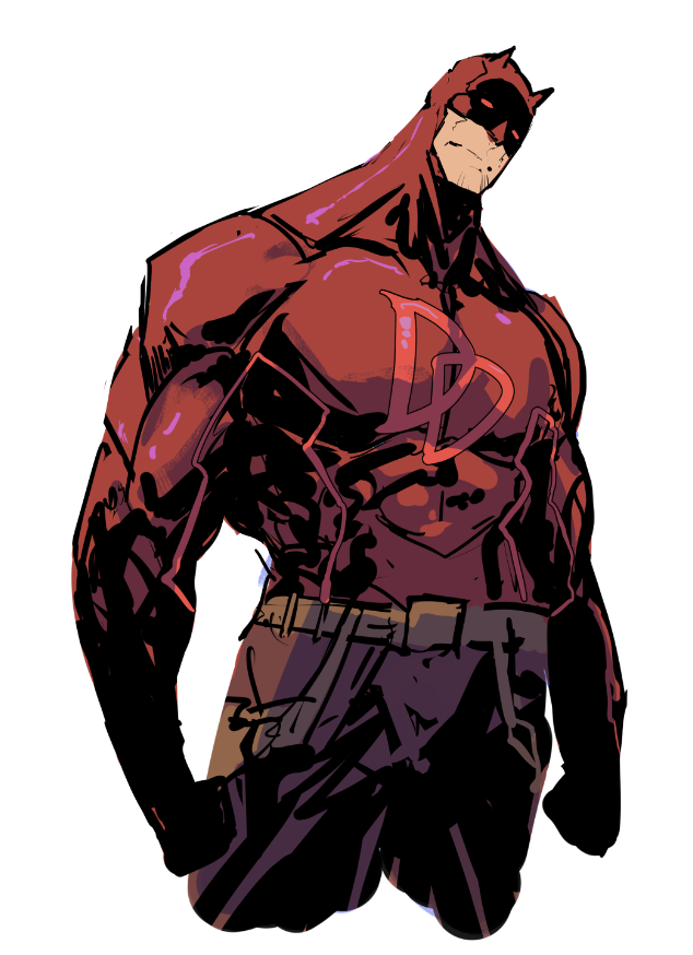1boy belt bodysuit brown_belt clenched_hands cowl daredevil kjlbs marvel muscular muscular_male red_bodysuit red_eyes simple_background solo superhero_costume white_background