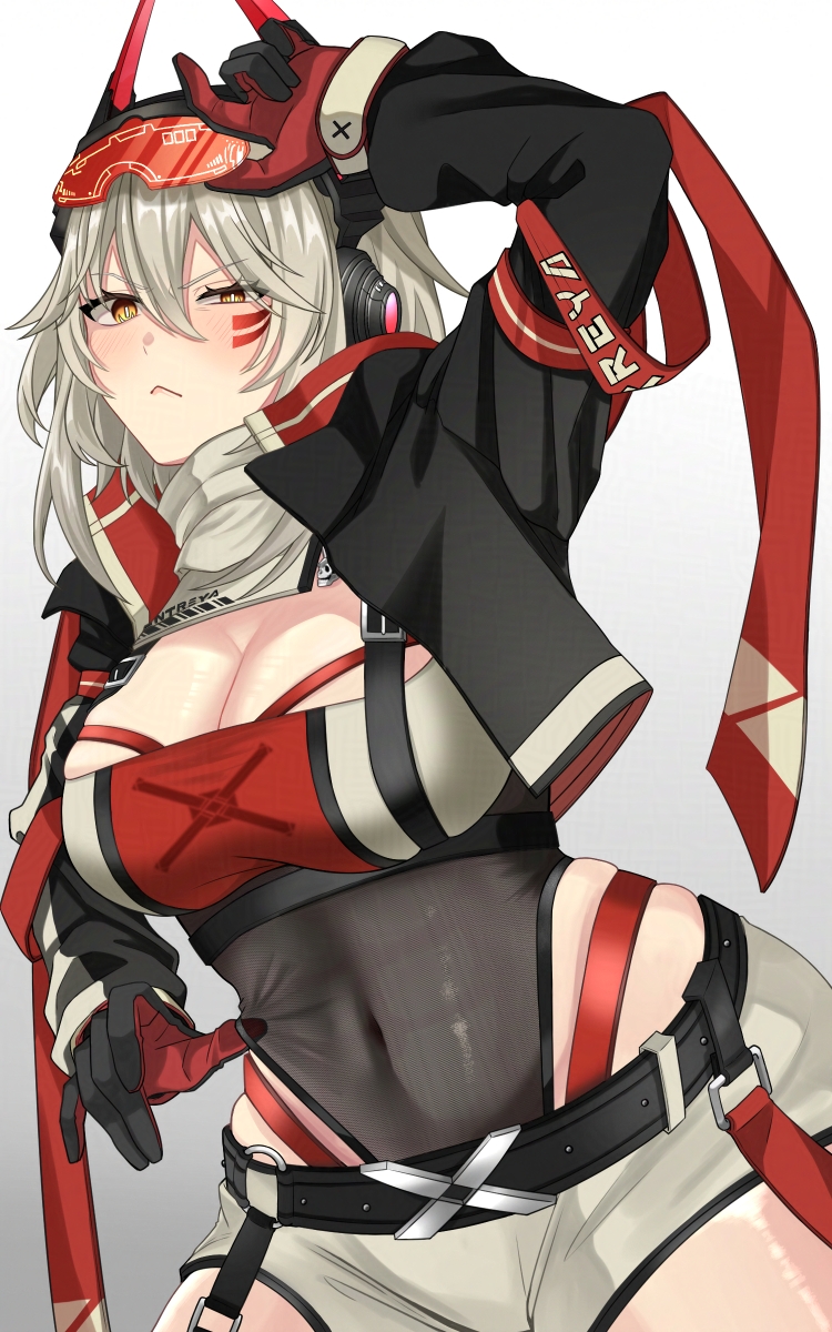 1girl black_gloves black_jacket breasts character_name cleavage covered_navel cropped_jacket gloves grey_hair headphones highres hrk_itoshi jacket large_breasts leotard leotard_under_clothes looking_at_viewer power_symbol-shaped_pupils red_gloves red_jacket short_hair shorts shrug_(clothing) symbol-shaped_pupils two-sided_fabric two-sided_gloves two-sided_jacket virtual_youtuber vshojo white_background white_shorts white_shrug yellow_eyes zentreya zentreya_(cyborg) zentreya_(cyborg)_(zen_2.0)