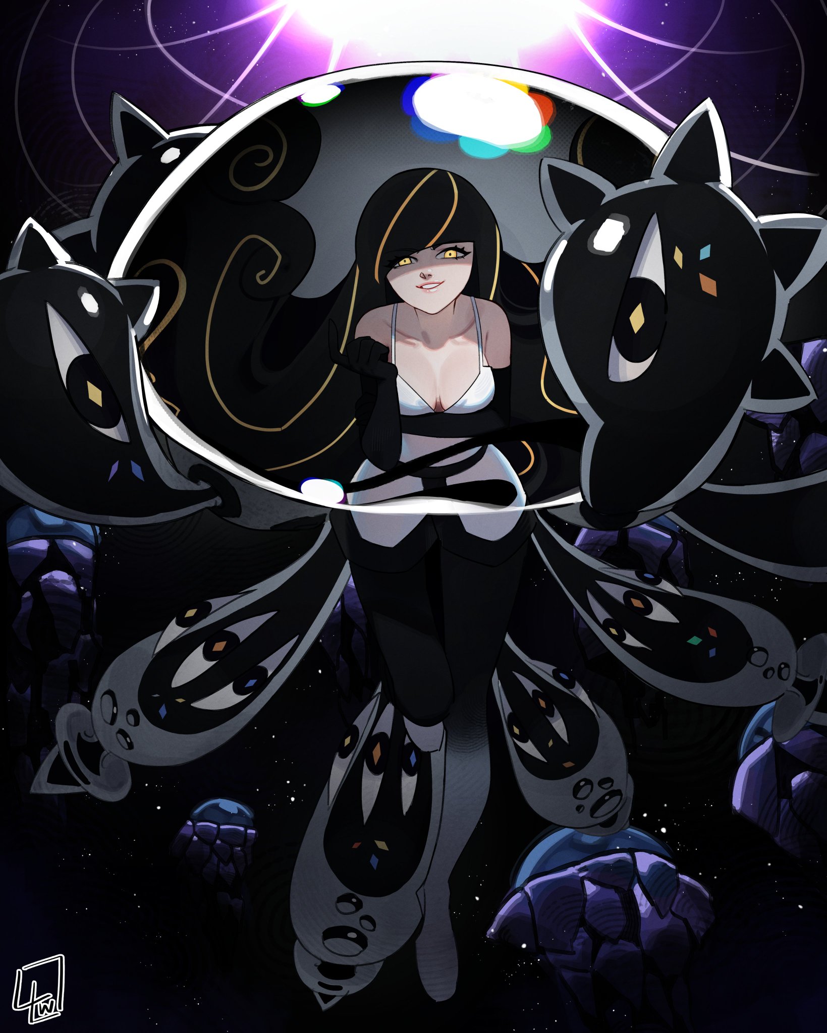1girl adapted_costume alternate_costume arm_under_breasts beckoning black_hair black_pantyhose blonde_hair breasts cleavage dress eyelashes floating full_body grin hand_up highres l4wless long_hair looking_at_viewer lusamine_(pokemon) lusamine_fused_(pokemon) multicolored_hair nintendo pantyhose pokemon pokemon_sm short_dress sleeveless sleeveless_dress smile solo spaghetti_strap streaked_hair tentacles very_long_hair white_dress wormhole yellow_eyes