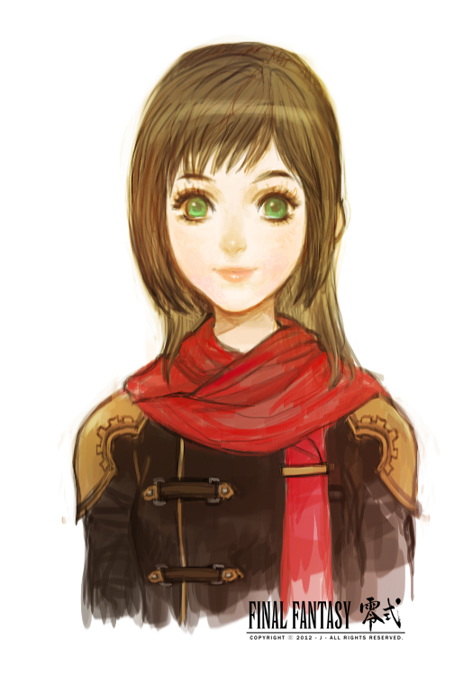 1girl bad_id bad_pixiv_id brown_hair copyright_name deuce_(fft-0) female_focus final_fantasy final_fantasy_type-0 green_eyes j_(onose1213) long_hair red_scarf scarf simple_background solo upper_body white_background