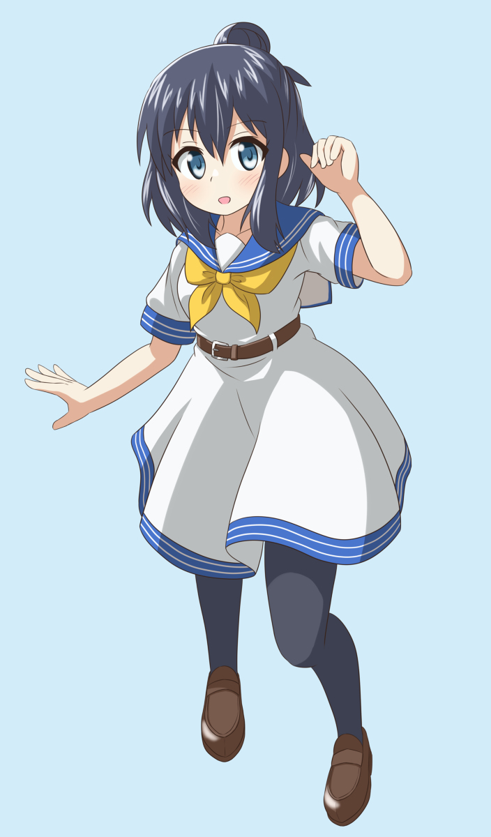 1girl belt blue_eyes blue_hair blue_sailor_collar collarbone dot_nose female_focus full_body highres medium_hair murakami_shiina nanog_eb1994 open_mouth pantyhose sailor_collar school_uniform serafuku short_sleeves solo stella_no_mahou