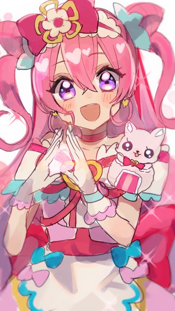 blush bow cure_precious delicious_party_precure dress earrings gloves hair_bow heart heart_earrings jewelry kome-kome long_hair looking_at_viewer magical_girl pale_skin pink_hair precure purple_eyes shirano_akihiro