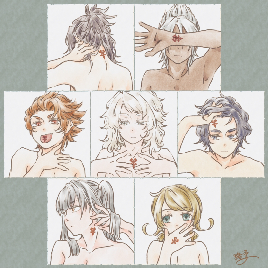2girls 5boys armpits baldr_(kingdom_hearts) black_hair blue_eyes bragi_(kingdom_hearts) breasts brown_eyes brown_hair chest_tattoo cleavage closed_mouth collarbone commentary covering_own_eyes covering_own_mouth dark-skinned_male dark_skin dot_nose eraqus facing_away forehead_tattoo green_eyes grey_hair hand_in_own_hair hand_on_own_neck hand_over_own_mouth hand_tattoo hands_on_own_chest hermod_(kingdom_hearts) kh_raimu kingdom_hearts kingdom_hearts_dark_road light_brown_hair looking_to_the_side low_twintails medium_breasts multiple_boys multiple_girls neck_tattoo nude portrait short_hair short_twintails side_ponytail sidelocks signature spiked_hair tattoo tongue tongue_out tongue_tattoo topknot twintails urd_(kingdom_hearts) vor_(kingdom_hearts) white_hair wrist_tattoo xehanort