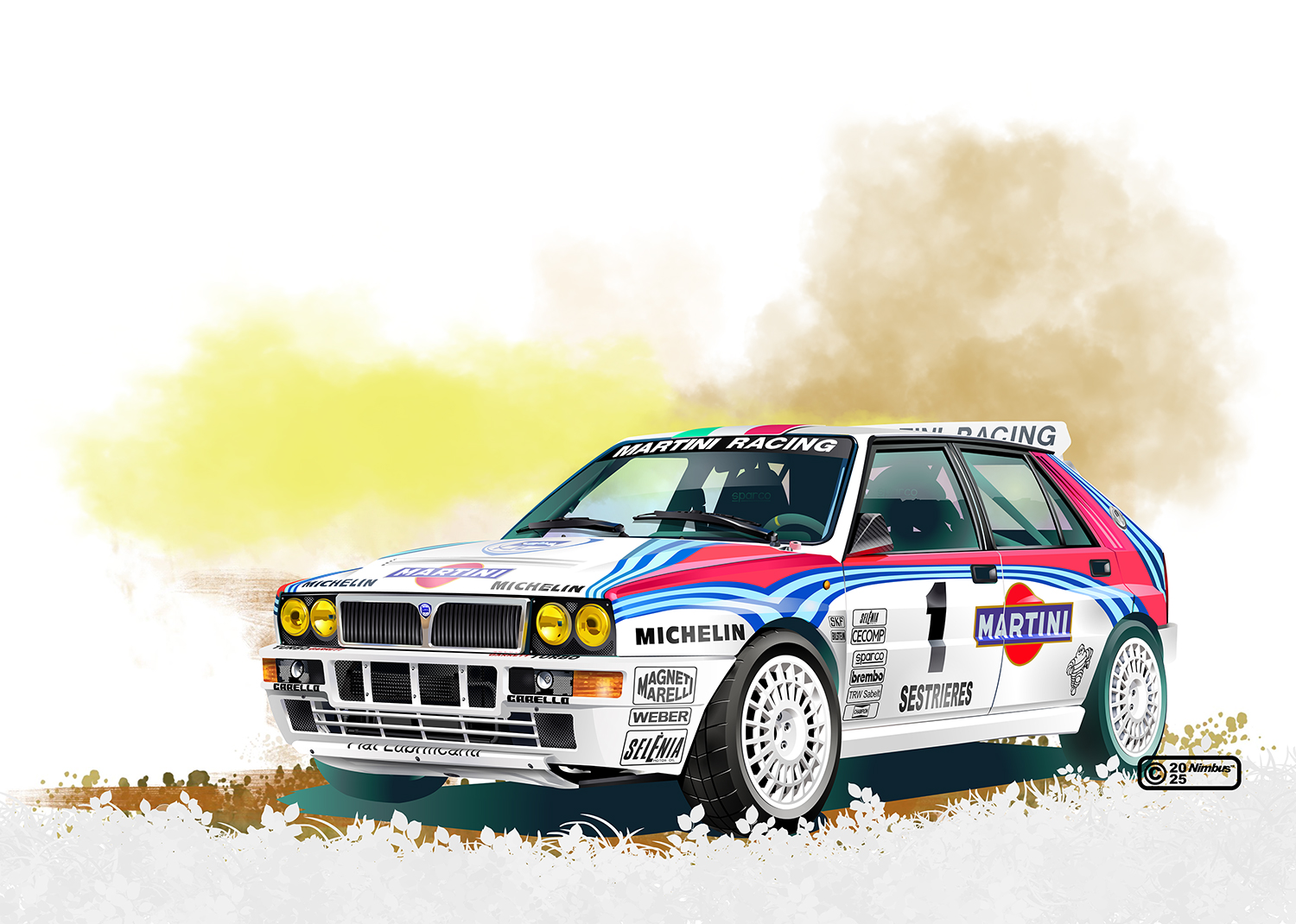 2025 artist_name car commentary_request lancia_(brand) lancia_delta_hf_integrale left-hand_drive martini_(brand) michelin motor_vehicle nimbus_goldbrum no_humans original race_vehicle racecar rally_car sponsor steering_wheel vehicle_focus
