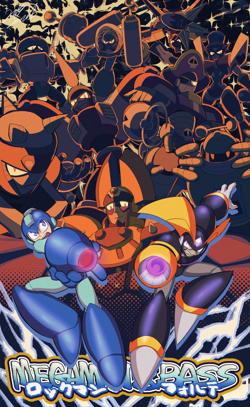 arm_cannon astro_man bass_(mega_man) blue_eyes borezet burner_man clenched_teeth cold_man commentary_request english_text evil_smile ground_man helmet highres king_(mega_man) looking_at_viewer magic_man male_focus mega_man_&amp;_bass mega_man_(character) mega_man_(classic) mega_man_(series) pirate_man red_eyes smile sparks teeth tengu_man weapon