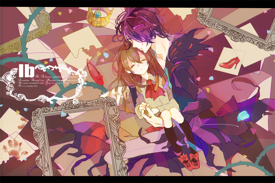 10t_(1010) 1boy 1girl abstract_background ascot black_shirt black_socks bloody_handprints blue_coat blue_hair bow brown_hair carrying child chin_rest closed_eyes coat collared_shirt eyelashes feet_out_of_frame floating_clothes footwear_bow fur-trimmed_coat fur_trim garry_(ib) grey_shirt hair_between_eyes handprint head_on_head head_rest height_difference ib_(ib) ib_(kouri) kneehighs leaning_on_person letterboxed long_hair long_sleeves mary_janes miniskirt open_clothes open_coat pants parted_lips petals picture_frame pleated_skirt princess_carry red_ascot red_bow red_shoes red_skirt shirt shoes short_hair sidelocks skirt sleeping socks thorns torn_clothes torn_coat white_pants