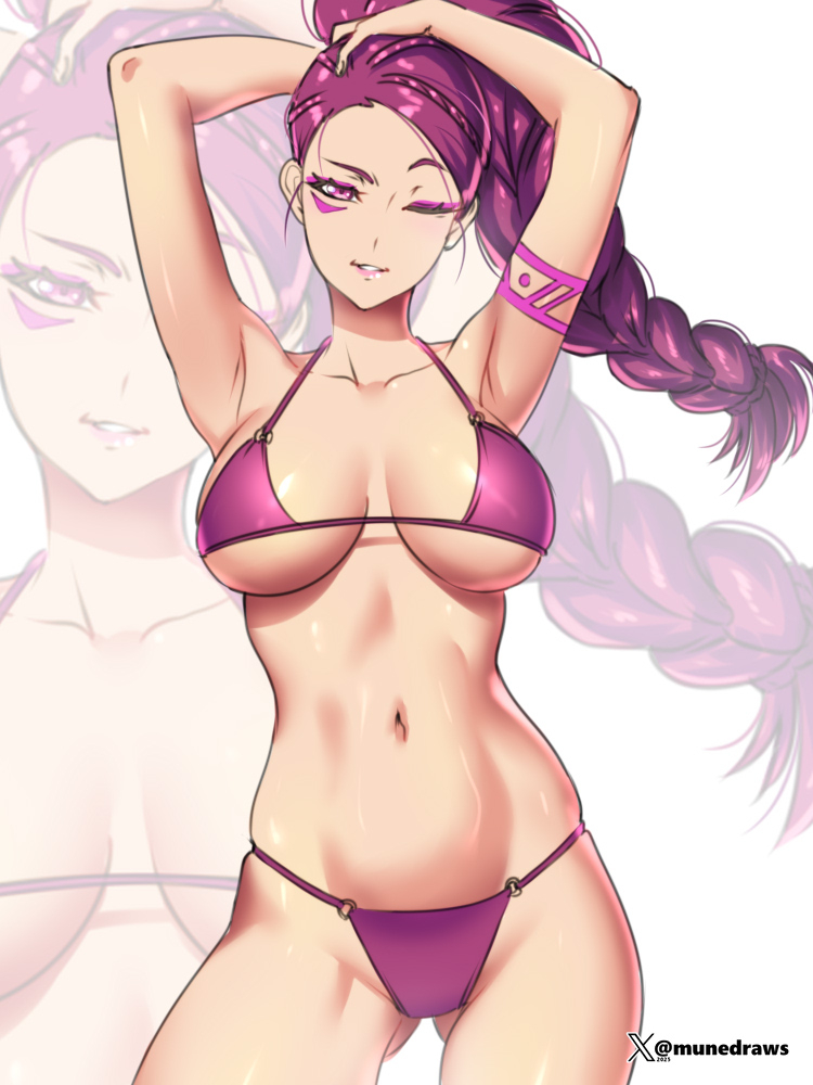 1girl alternate_costume arm_tattoo arms_up bikini braid braided_ponytail breasts commentary english_commentary etchimune fire_emblem fire_emblem:_three_houses gluteal_fold large_breasts looking_at_viewer navel nintendo one_eye_closed petra_macneary purple_bikini purple_eyes purple_hair smile solo swimsuit tattoo underboob zoom_layer