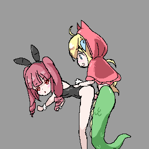 1futa 1girl animated animated_gif blonde_hair breasts from_behind futa_with_female futanari hair_ribbon hanazono_yurine hood hyperlolicrisis jashin-chan jashin-chan_dropkick nipples penis pixel_art rabbit_ears red_eyes red_hair ribbon sex small_breasts snake_tail tail twintails