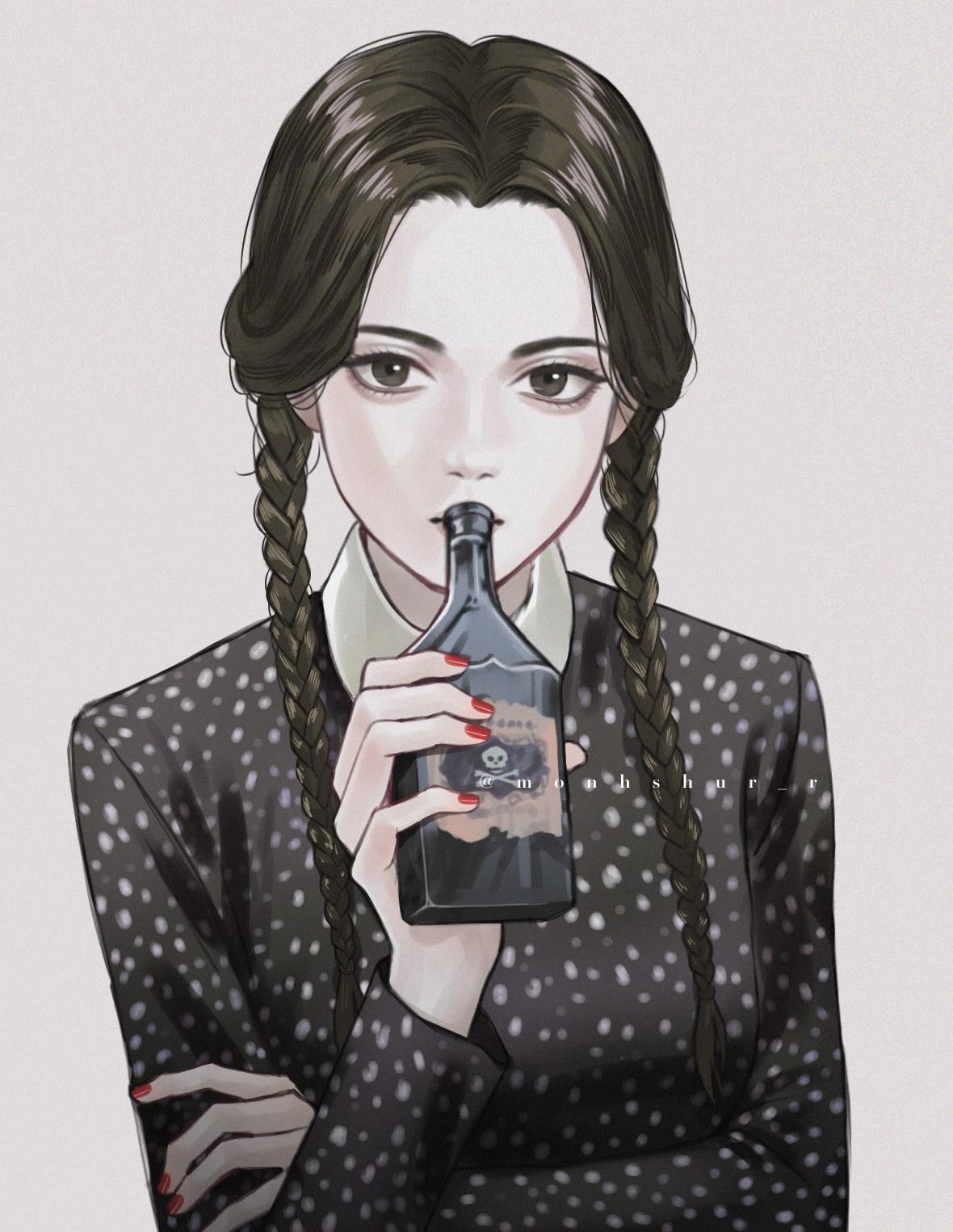 1girl addams_family black_dress black_eyes black_hair bottle braid breasts commentary dress drinking facebook_username highres holding holding_bottle low_twin_braids monhshur_r poison red_nails small_breasts solo twin_braids wednesday_(netflix) wednesday_addams