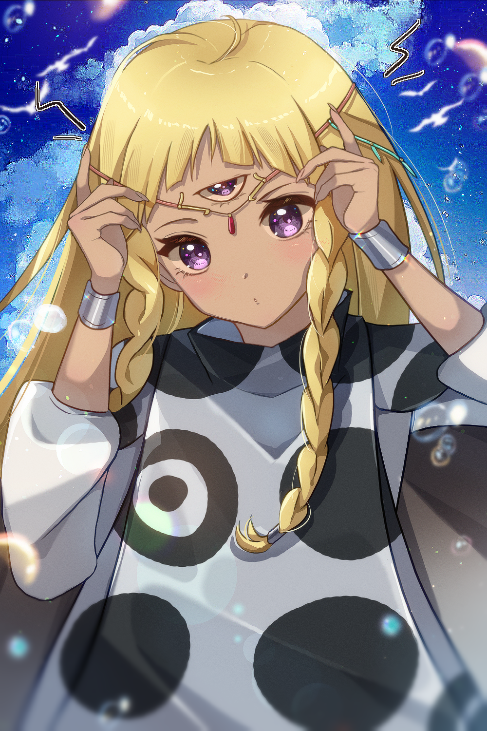 1girl :o blonde_hair blue_sky blush bracelet braid cloud commentary_request dark-skinned_female dark_skin day eupha_(metaphor:_refantazio) floating_hair highres jewelry long_hair looking_at_viewer metaphor:_refantazio outdoors poncho purple_eyes sky solo third_eye twin_braids zer00han