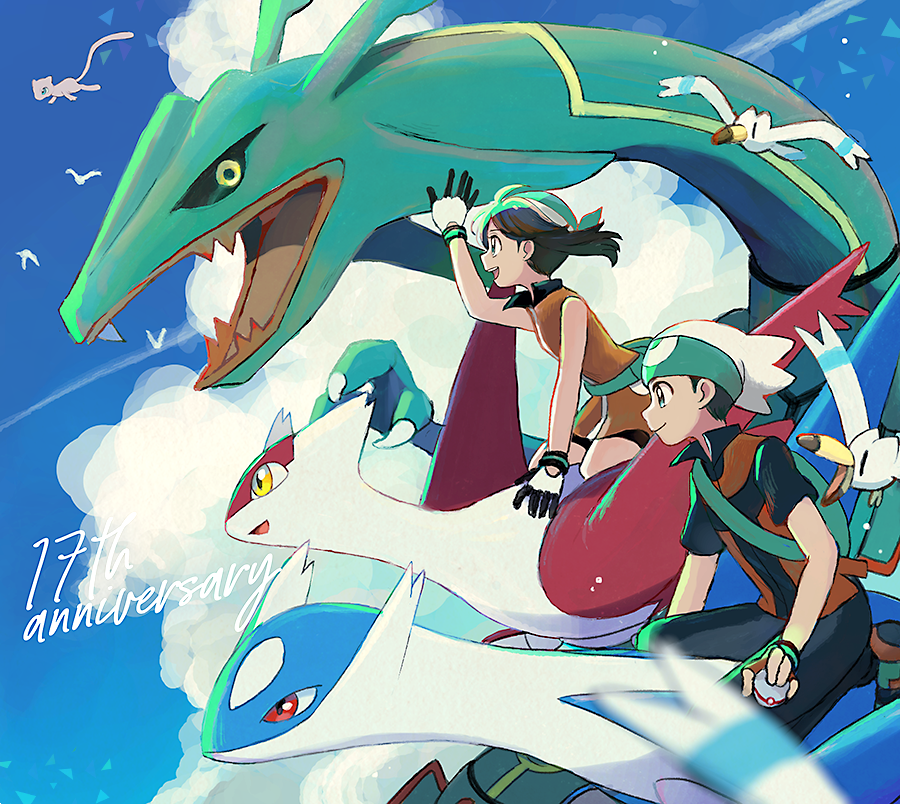 1boy 1girl anniversary arm_up bandana beanie black_hair black_pants blurry brendan_(pokemon) brown_hair closed_mouth commentary_request day dress floating_hair game_freak gen_1_pokemon gen_3_pokemon gloves green_bandana hat holding holding_poke_ball latias latios legendary_pokemon may_(pokemon) mew_(pokemon) mythical_pokemon nintendo orange_dress outdoors pants poke_ball pokemon pokemon_(creature) pokemon_emerald pokemon_rse popcorn_91 premier_ball rayquaza riding riding_pokemon short_hair short_sleeves sitting sleeveless sleeveless_dress smile white_headwear wingull