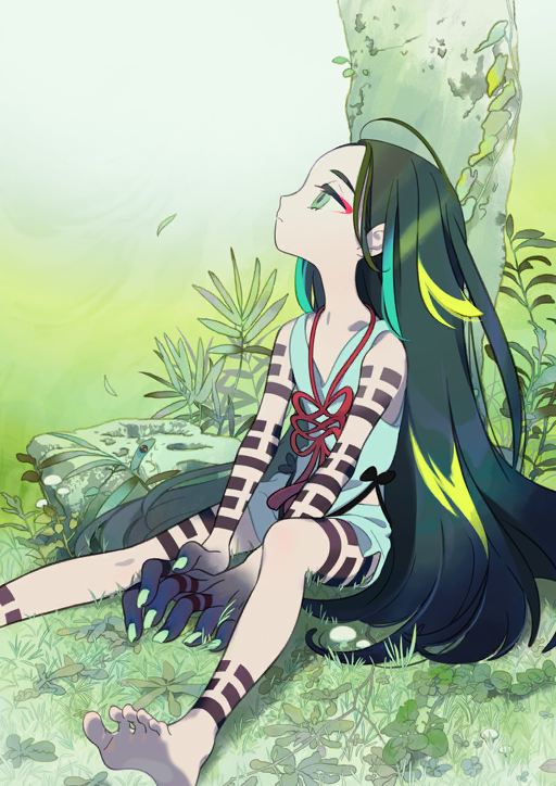 1boy against_tree androgynous aqua_hair arm_tattoo bare_arms barefoot between_legs bishounen black_hair black_skin child chinese_knot closed_mouth colored_extremities colored_skin expressionless eyelashes eyeshadow fate/grand_order fate_(series) finger_tattoo fingernails foot_out_of_frame full-body_tattoo game_cg grass green_background green_eyes green_hair green_nails green_shirt green_shorts hand_between_legs large_hands leg_tattoo long_hair looking_up makeup male_focus multicolored_hair nature official_art red_eyeshadow shirt shorts sitting solo taisui_xingjun_(fate) take_(illustrator) tank_top tattoo third-party_source toes tree v-neck very_long_hair
