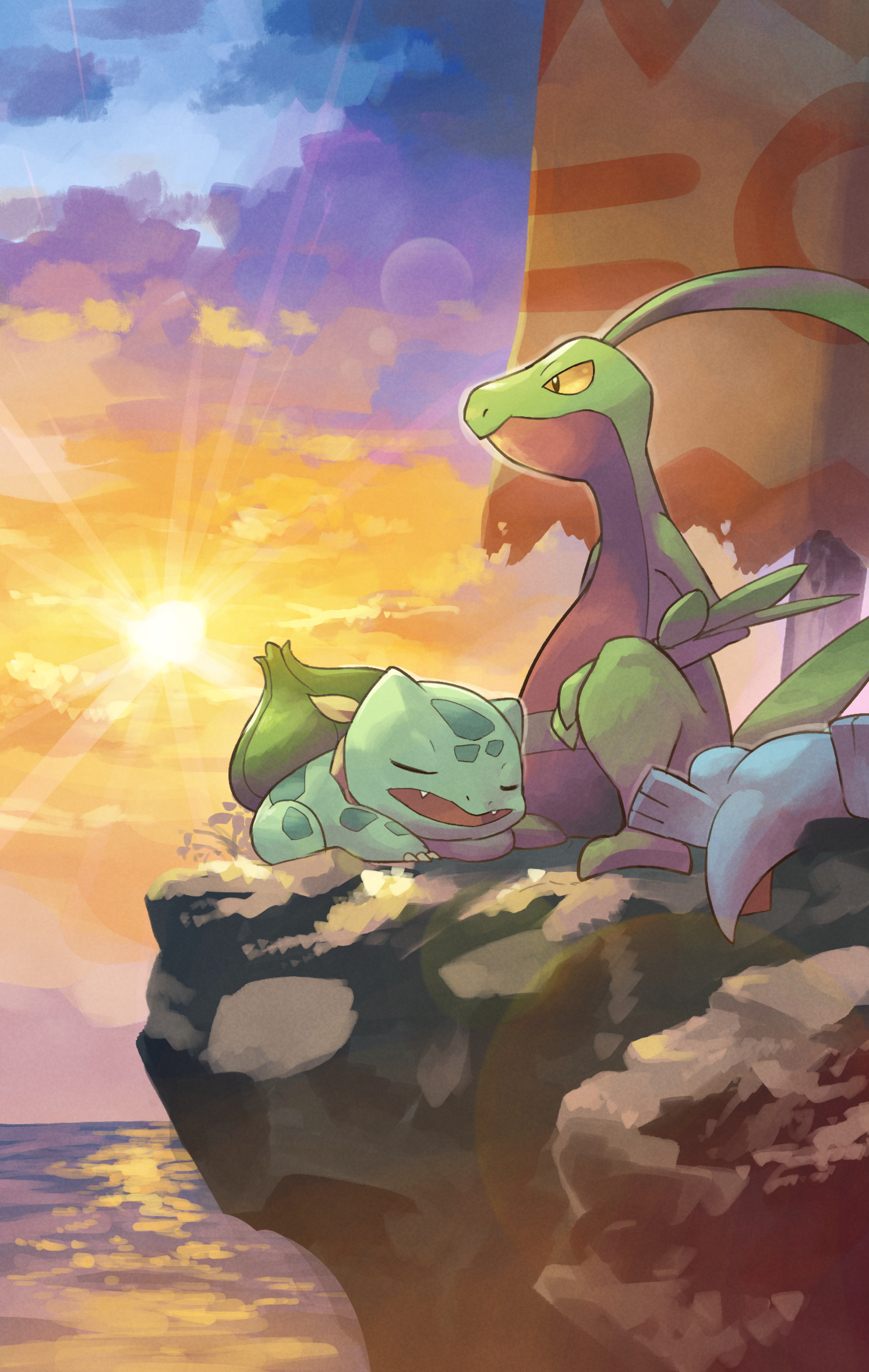 animal_focus blue_skin bulbasaur cliff closed_eyes colored_skin commentary_request fangs gen_1_pokemon gen_2_pokemon gen_3_pokemon green_skin grovyle highres horizon nintendo no_humans ocean outdoors pokemon pokemon_(creature) pokemon_mystery_dungeon pokemon_mystery_dungeon:_explorers_of_time/darkness/sky sitting sleeping sun sunlight tail totodile water yamaori_(hakkentai_pokedan) yellow_eyes