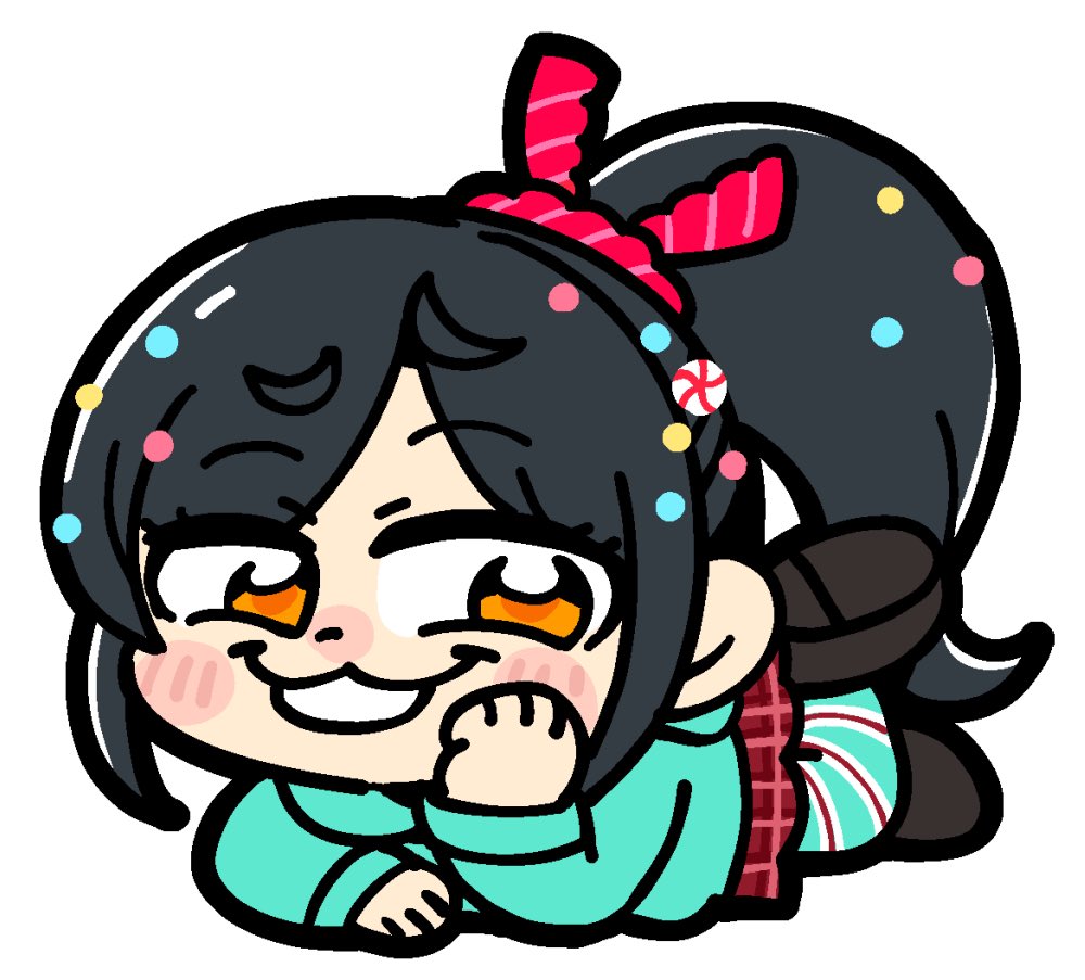 1girl bkub bkub_(style) black_hair chibi full_body green_hoodie head_rest hood hoodie lying on_stomach orange_eyes plaid_clothes plaid_skirt ponytail skirt smile smug solo vanellope_von_schweetz wreck-it_ralph