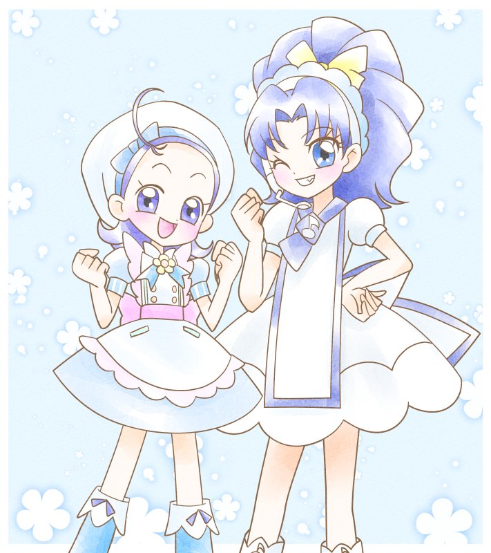 2girls :d ahoge blue_background blue_eyes blue_hair blush bow clenched_hand cosplay costume_switch crossover dress fang flower hair_bow hat headset kirakira_patisserie_uniform kirakira_precure_a_la_mode long_hair magical_girl multiple_girls official_alternate_costume ojamajo_doremi one_eye_closed open_mouth precure senoo_aiko senri_bunny short_hair simple_background smile tategami_aoi