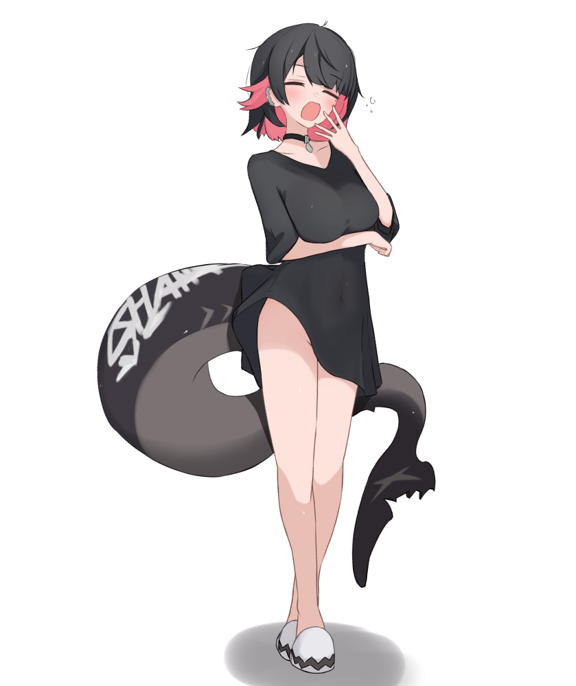 1girl black_choker black_shirt breasts choker earrings ellen_joe fins fish_tail jewelry medium_breasts mole mole_under_eye no_panties open_clothes open_mouth samate shark_girl shark_tail shirt short_hair short_sleeves simple_background solo tail white_background yawning zenless_zone_zero