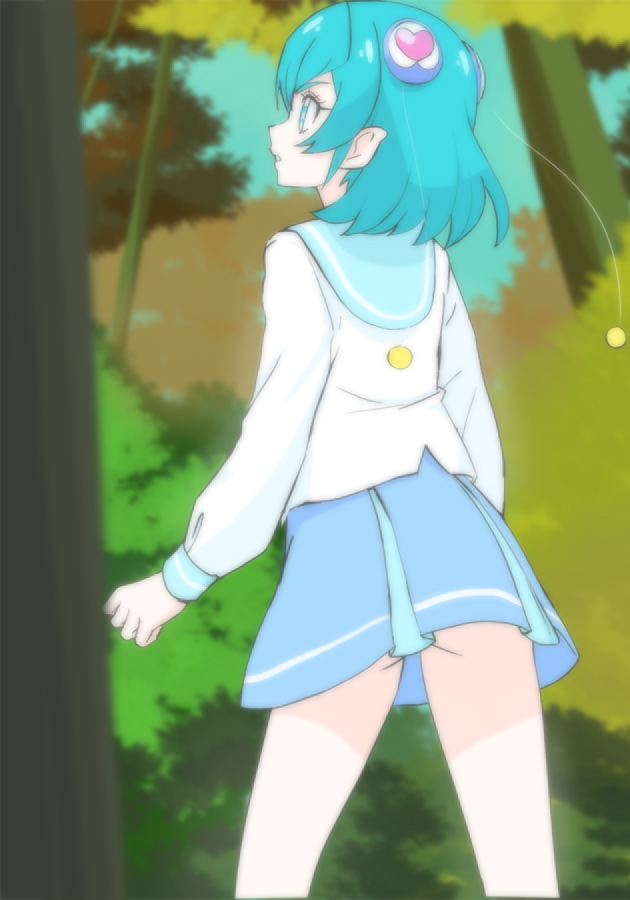 1girl aqua_eyes aqua_hair blue_skirt female_focus forest from_behind hagoromo_lala haruyama_kazunori long_sleeves looking_up mihoshi_middle_school_uniform nature precure school_uniform shirt skirt solo standing star_twinkle_precure white_shirt