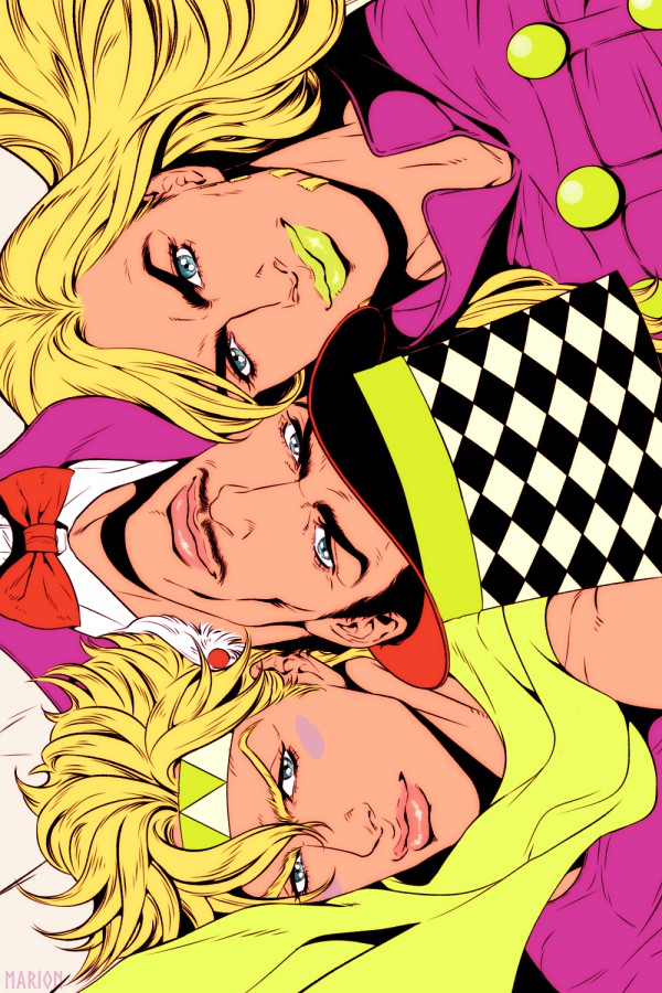 3boys battle_tendency black_hair blonde_hair bow bowtie caesar_anthonio_zeppeli facial_hair family feather_hair_ornament feathers green_lips green_scarf gyro_zeppeli hair_ornament hat headband jojo_no_kimyou_na_bouken lips lipstick long_hair makeup male_focus marion-ville multiple_boys mustache name_connection phantom_blood realistic scarf steel_ball_run top_hat triangle_print will_anthonio_zeppeli