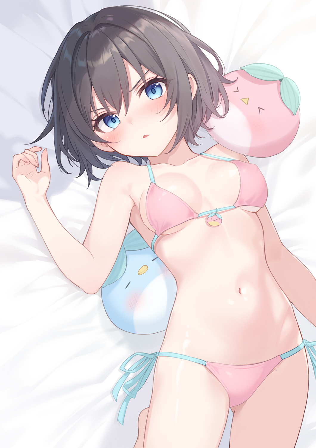 1girl bikini black_hair blue_eyes breasts front-tie_bikini_top front-tie_top hair_between_eyes highres lying medium_breasts medium_hair navel original parted_lips pink_bikini rebun side-tie_bikini_bottom swimsuit