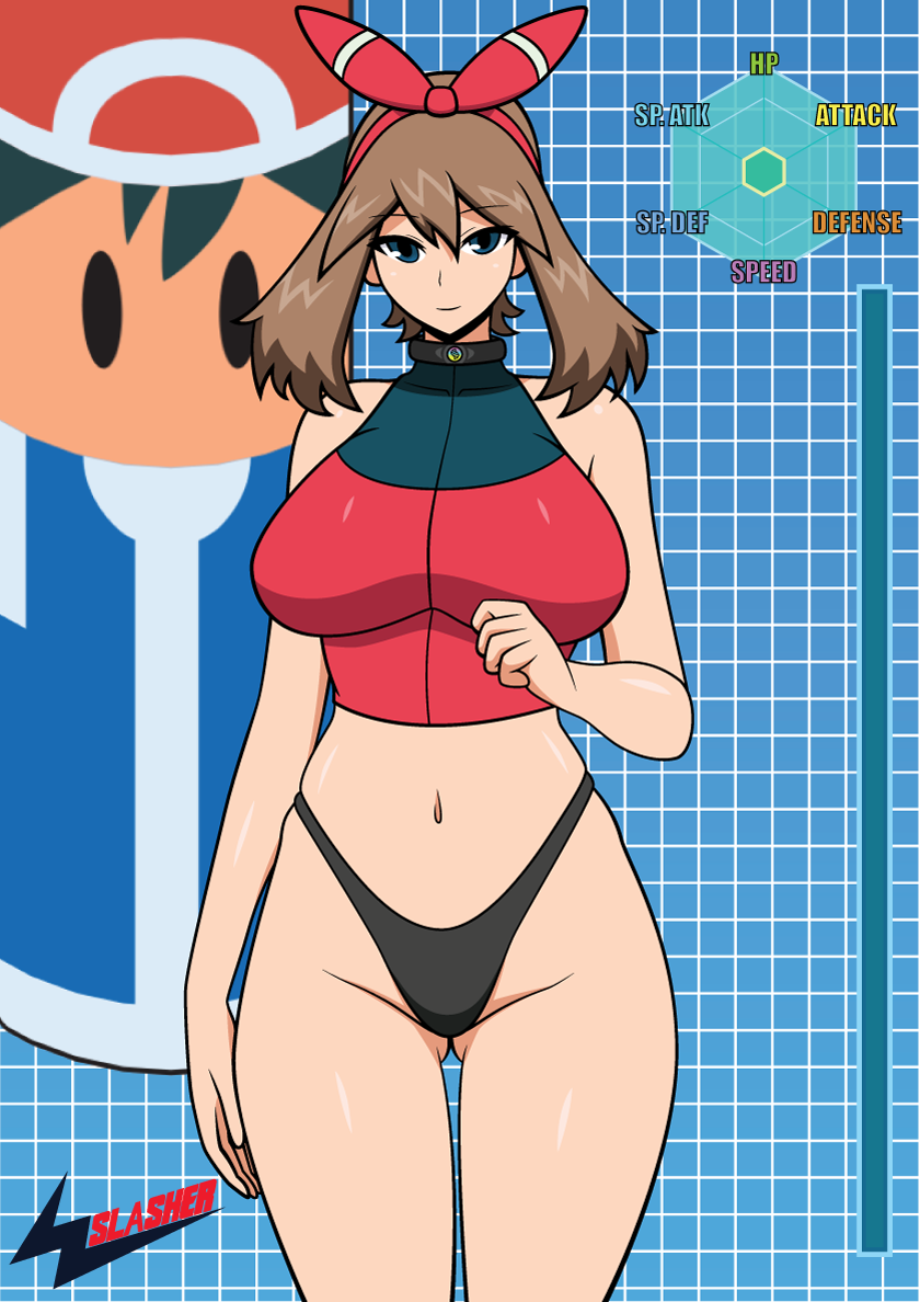 1girl alternate_color artist_name ash_ketchum black_buruma blue_eyes breasts brown_hair buruma choker cowboy_shot english_text female_focus gluteal_fold hair_ornament hair_ribbon hairband highleg highleg_buruma highleg_panties hip_focus large_breasts legs long_legs looking_at_viewer may_(pokemon) may_(pokemon_oras) midriff navel nintendo panties pokemon pokemon_(anime) red_ribbon ribbon shiny_skin shirt skin_tight sleeveless sleeveless_shirt solo spandex sports_bikini sports_bra standing stats tagme text_focus underwear wslasher