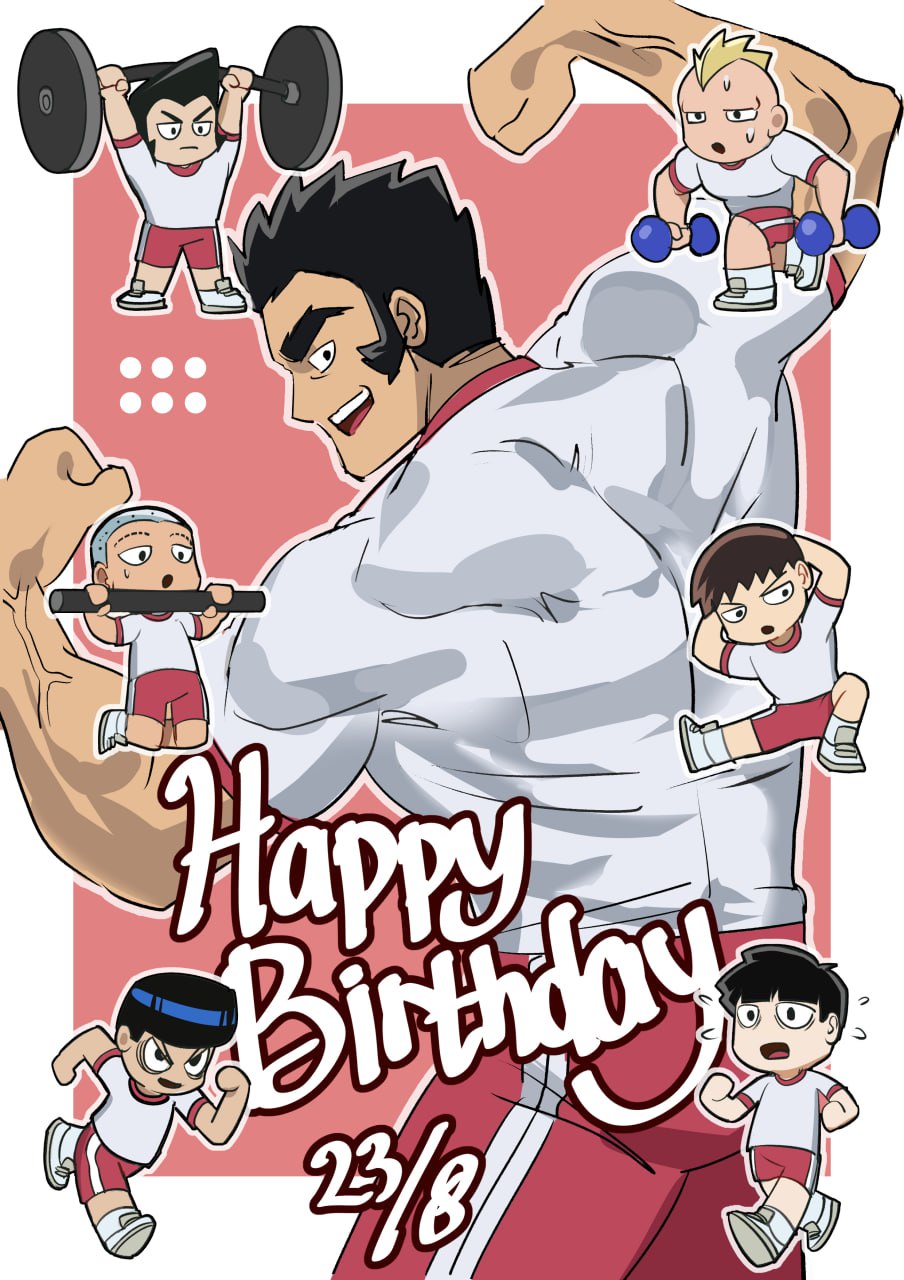 6+boys barbell black_hair buzz_cut dumbbell exercising flexing gouda_musashi gym_uniform happy_birthday highres kageyama_shigeo kumagawa_hiroshi male_focus mob_psycho_100 mohawk multiple_boys muscular onigawara_tenga pullups red_background red_shorts running sagawa_jun shimura_ryohei shirt short_hair shorts stretching sudanaya sweat sweatdrop very_short_hair weightlifting white_shirt yamamura_hideki