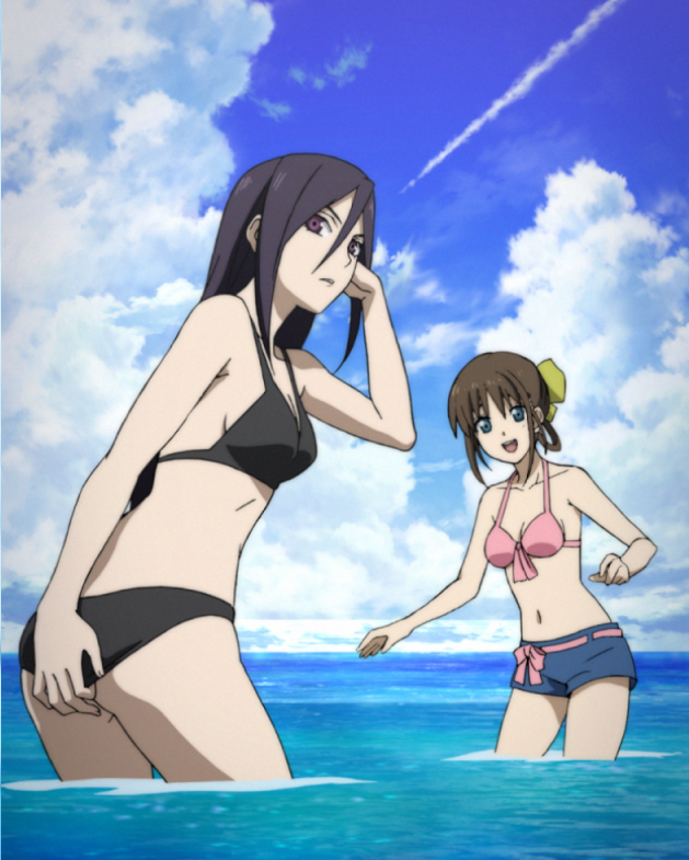 2girls beach bikini black_bikini black_hair breasts brown_hair ga-rei ga-rei_zero green_eyes hair_bun izumi_mami kasuga_natsuki long_hair medium_breasts medium_hair multiple_girls official_art pink_bikini purple_eyes swimsuit